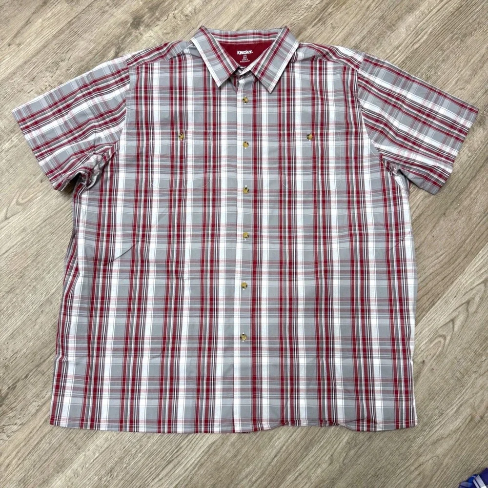 Lot of 2 KingSize Mens 3XL Big Plaid Short Sleeve Button Down Shirts Red Blue - Picture 2 of 10